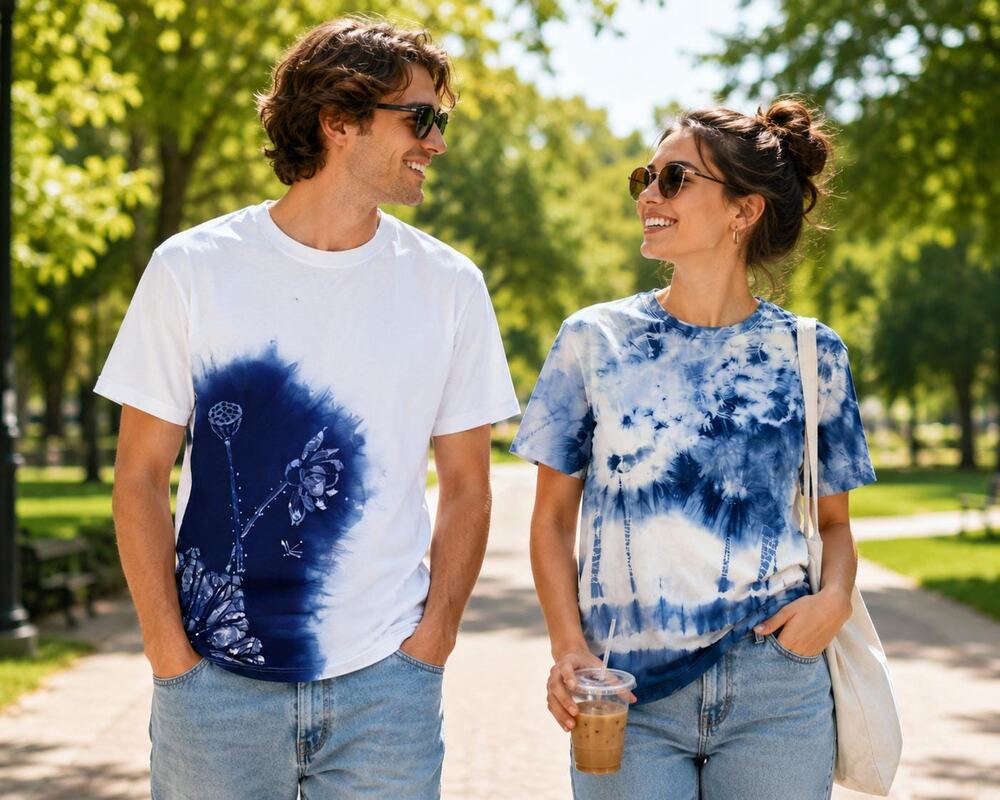 Women's Cotton Graphic T-Shirt | Indigo Batik Tie-Dye Tee | Handmade Art Shirt